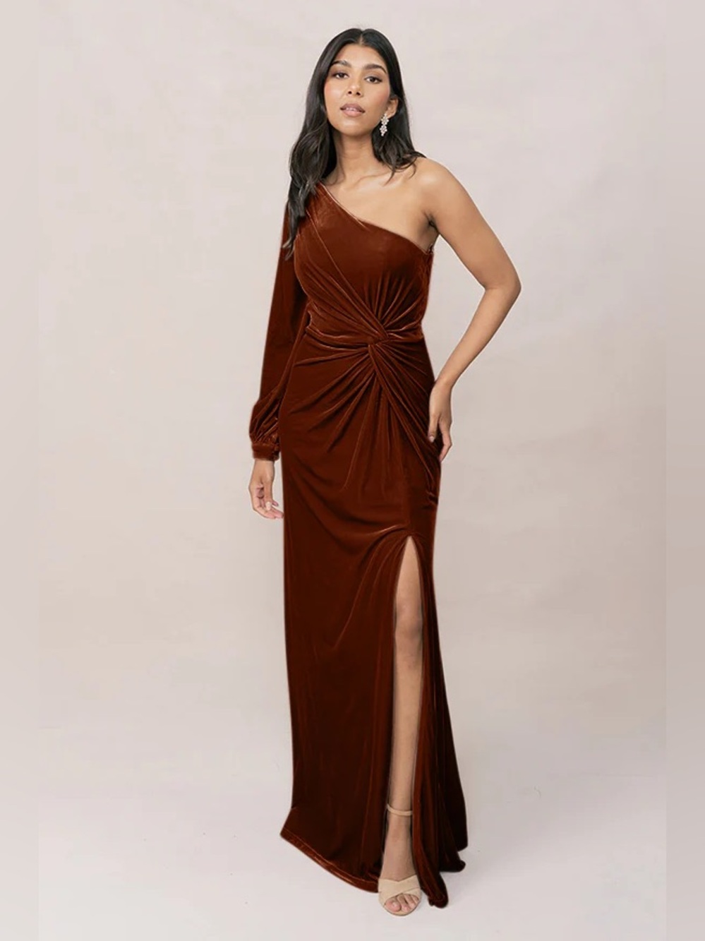 Revelry • Aurora Velvet Rust Dress | One-Shoulder Bridesmaid Dress